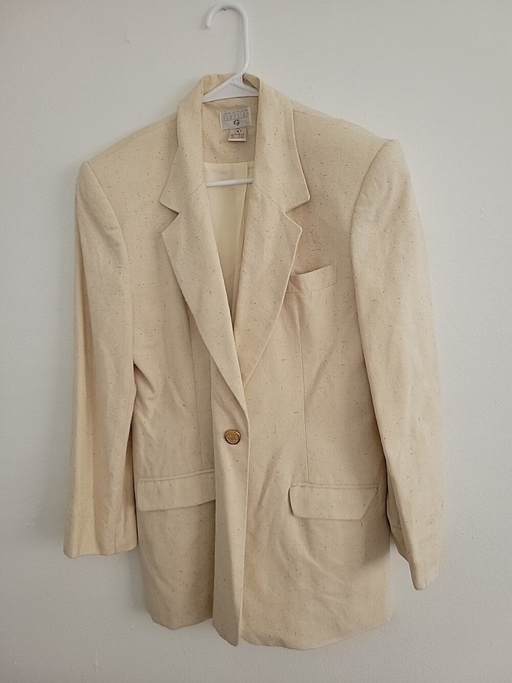 George Georgiou Silk 100% Blazer Jacket Beige Cream Shoulder Pads Women Sz S